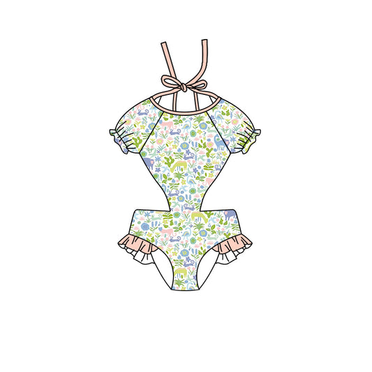 Baby Girls Green Floral Dinosaur One Piece Swimsuits Preorder