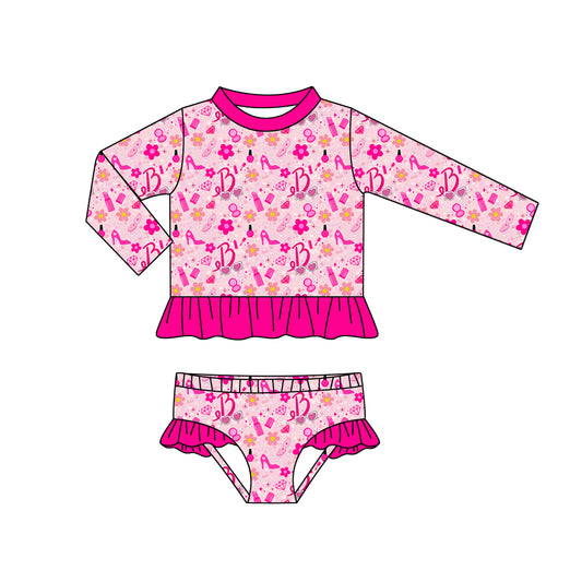 Baby Girls Doll Flowers Pink Long Sleeve Top Bummie Two Pieces Swimsuits Preorder