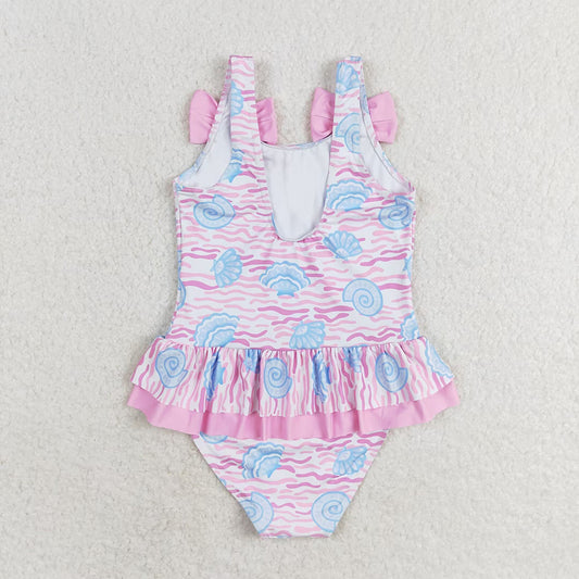 Baby Girls Pink Sea Shell Ruffle One Piece Bows Swimsuits