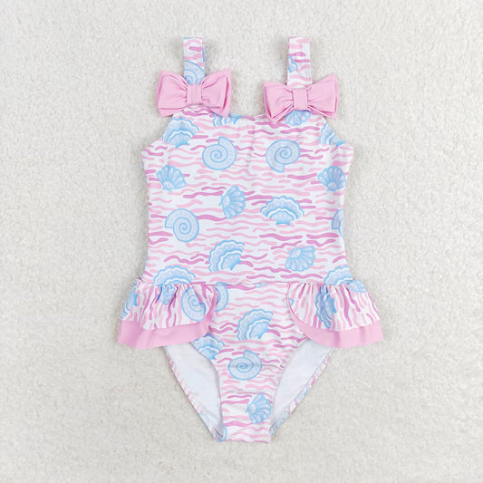 Baby Girls Pink Sea Shell Ruffle One Piece Bows Swimsuits