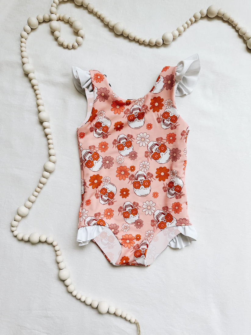 Baby Girls Summer Flowers Orange Ruffle Sleeve Swimsuits Preorder