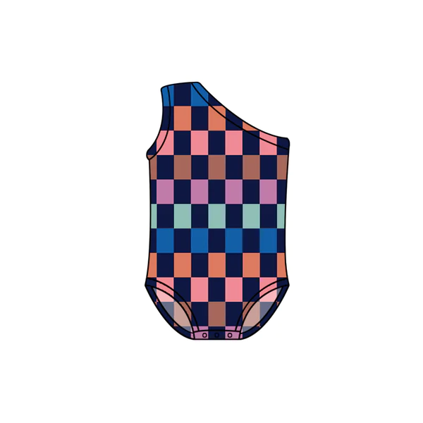 Baby Girls Summer Colorful Plaid One Shoulder Swimsuits Preorder