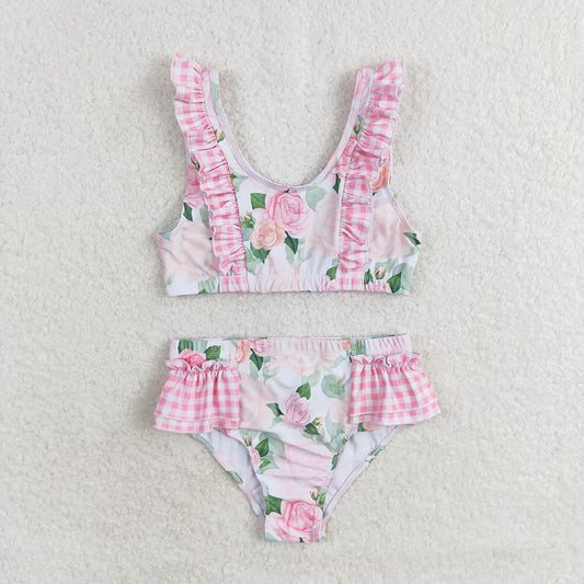 Baby Girls Summer Pink Flowers Top Ruffle Bottom Swimsuits