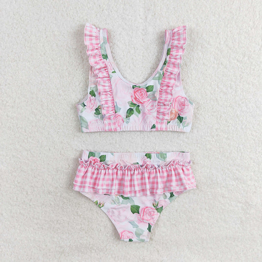 Baby Girls Summer Pink Flowers Top Ruffle Bottom Swimsuits