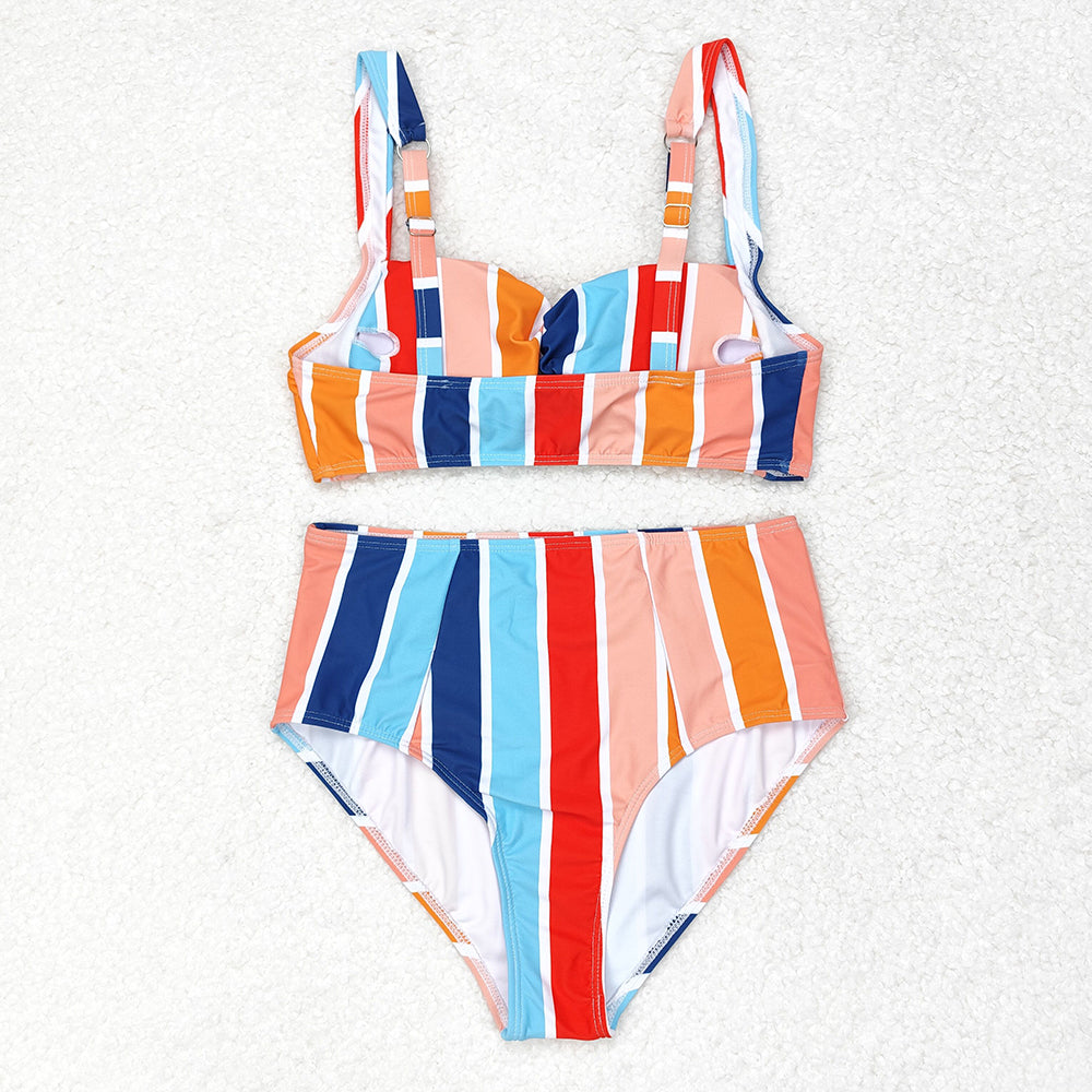 Adult Women Colorful Stripes Top Bottom Swimsuits Sets