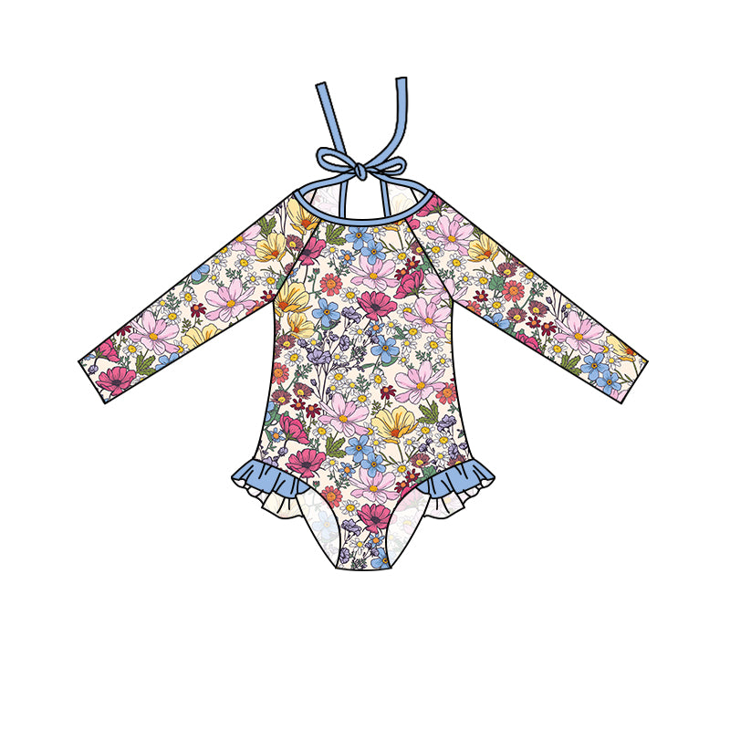 Baby Girls Colorful Flowers Long Sleeve One Piece Swimsuits Preorder