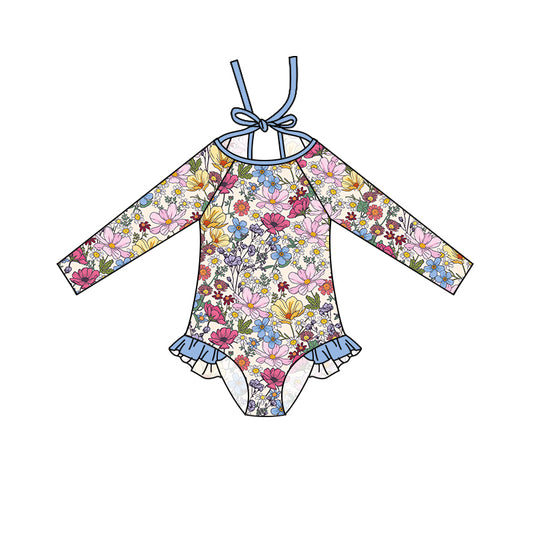 Baby Girls Colorful Flowers Long Sleeve One Piece Swimsuits Preorder