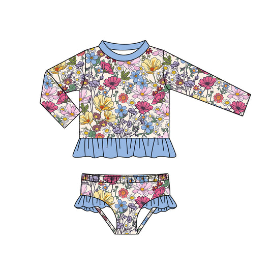 Baby Girls Colorful Flowers Long Sleeve Two Pieces Swimsuits Preorder