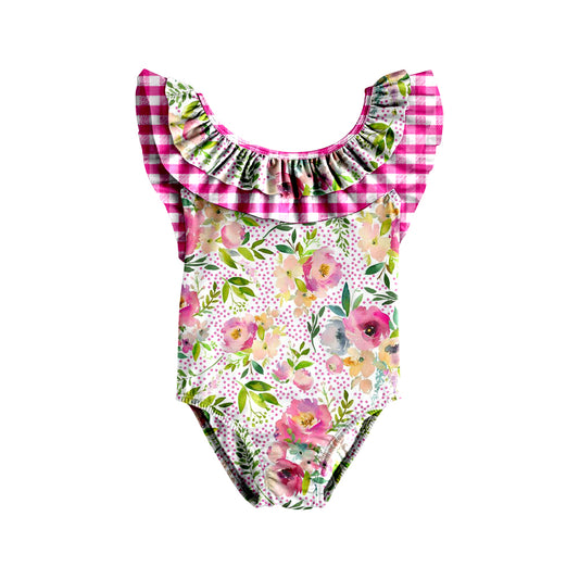 Baby Girls Pink Dots Flowers Ruffle One Piece Swimsuits Preorder