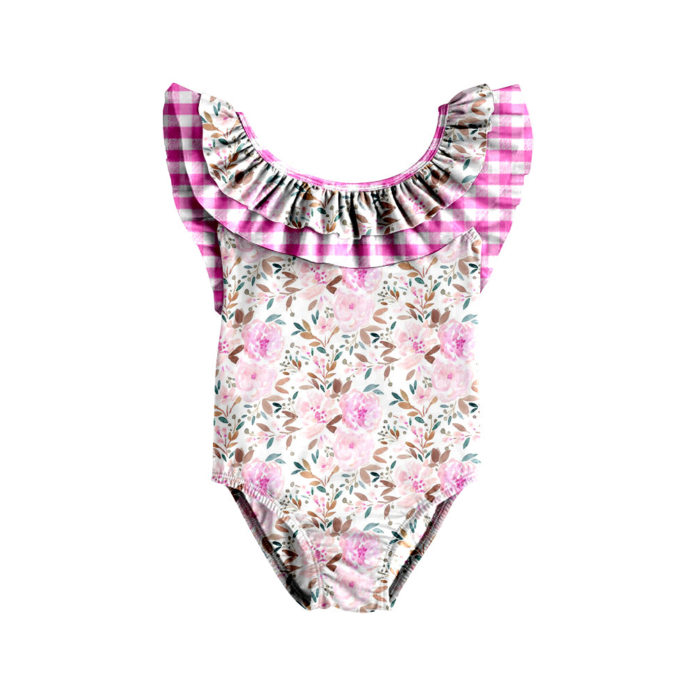 Baby Girls Pink Flowers Ruffle One Piece Swimsuits Preorder