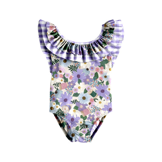 Baby Girls Purple Flowers Ruffle One Piece Swimsuits Preorder