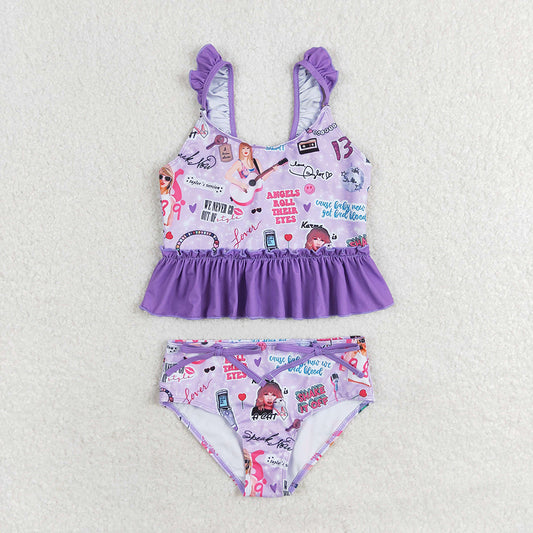 Baby Girls Purple Sleeveless Ruffle Top Bummies 2pcs Swimsuits