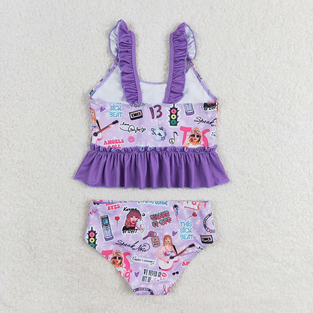 Baby Girls Purple Sleeveless Ruffle Top Bummies 2pcs Swimsuits