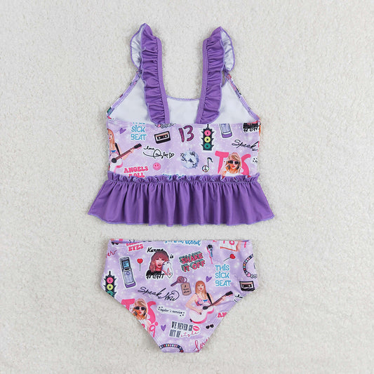 Baby Girls Purple Singer Sleeveless Ruffle Top Bummies 2pcs Swimsuits