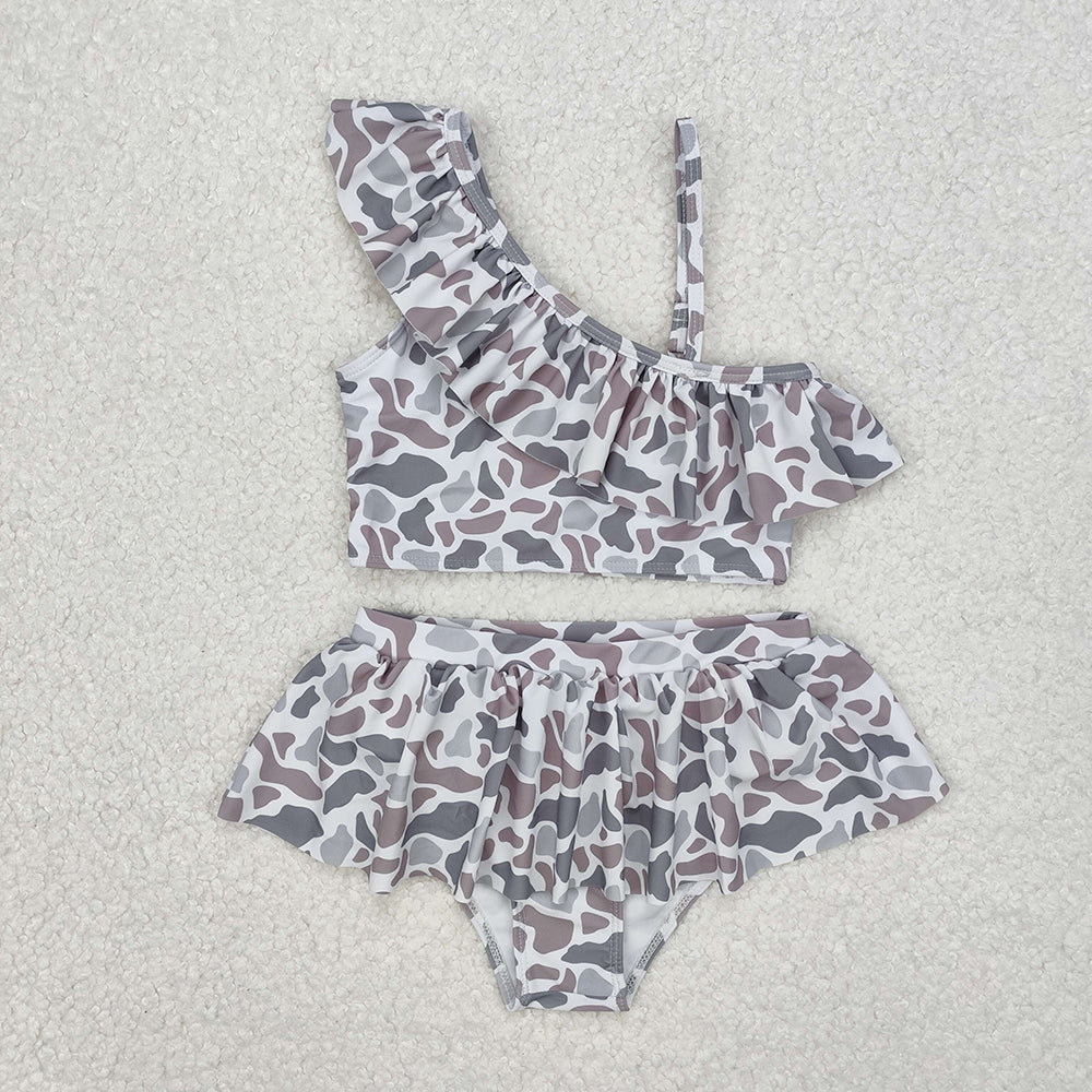 Baby Girls Grey Camo Ruffle Top Bummie 2pcs Swimsuits