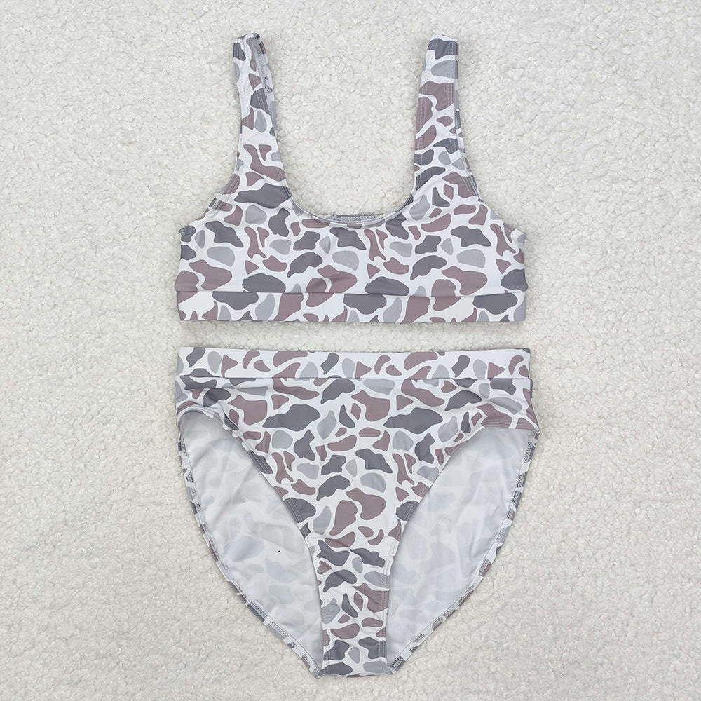 Adult Women Light Grey Camo Top Bottom Swimsuits Sets