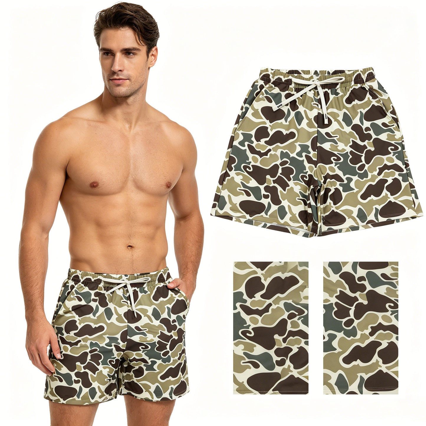Adult Man Green Camouflage Pockets Bottom Trunks Shorts Swimwear