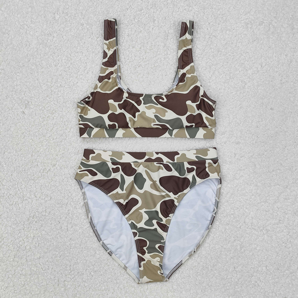Adult Women Green Camouflage Top Bottom Bikini Swimsuits Sets
