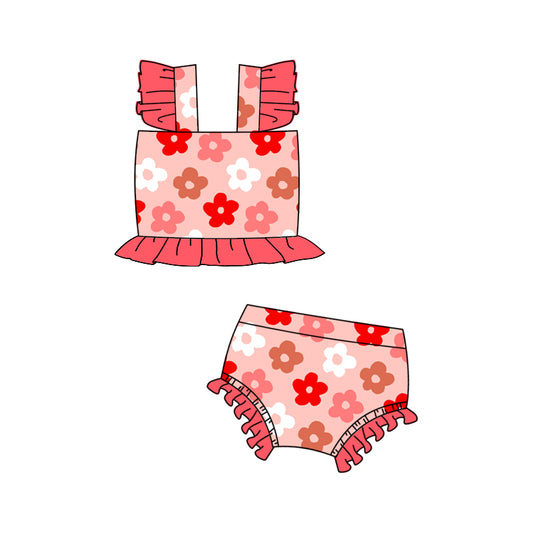 Baby Girls Red Flowers Western Bummie 2pcs Swimsuits Preorder