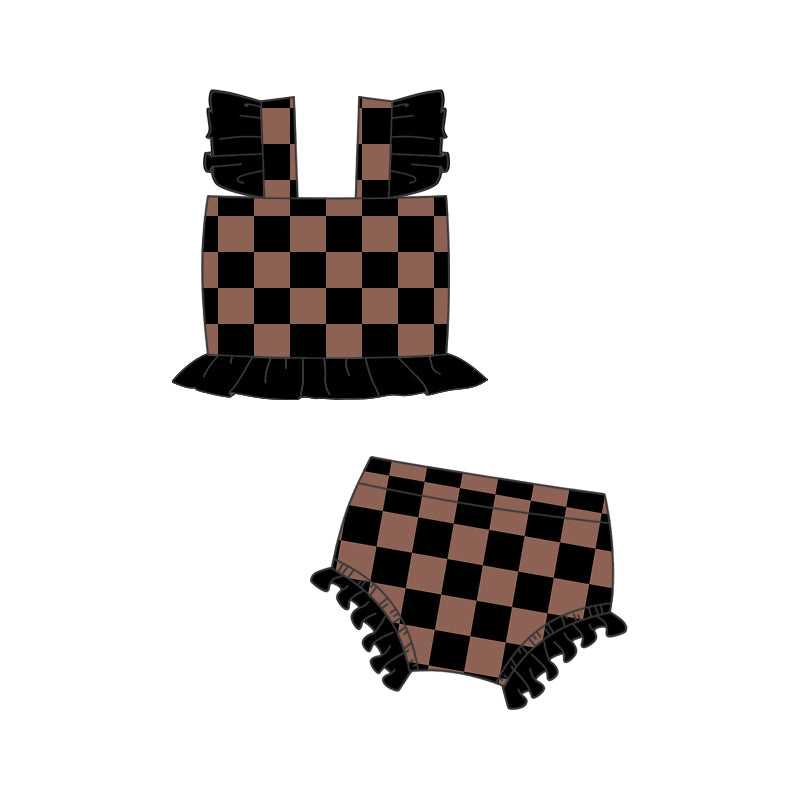 Baby Girls Brown Checkered Western Bummie 2pcs Swimsuits Preorder