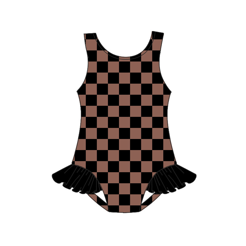 Baby Girls Brown Checkered Western One Piece Swimsuits Preorder