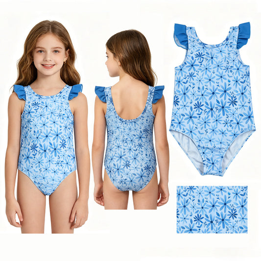 Baby Girls Flutter Sleeve Blue Flowers One Piece Bummies Swimsuits