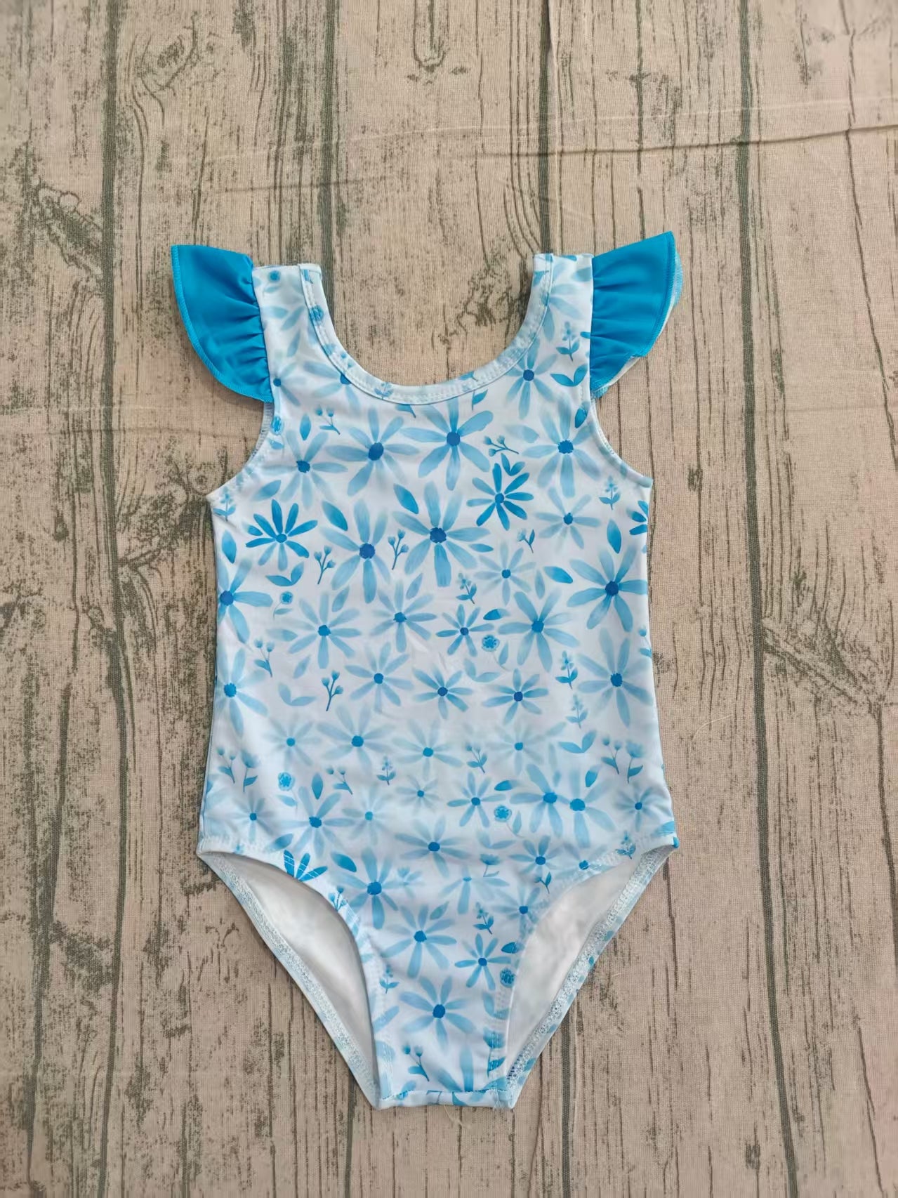 Baby Girls Flutter Sleeve Blue Flowers One Piece Bummies Swimsuits