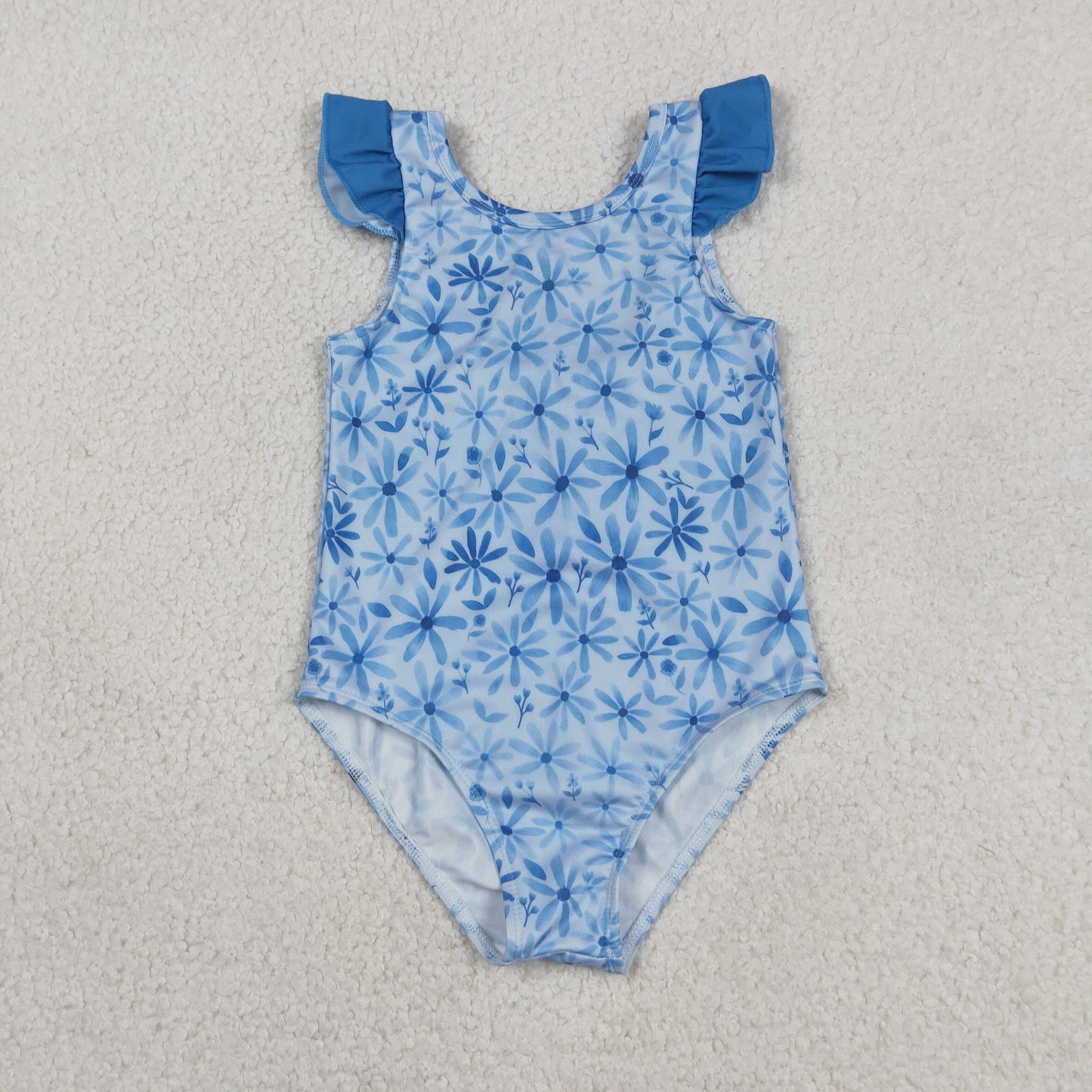Baby Girls Flutter Sleeve Blue Flowers One Piece Bummies Swimsuits
