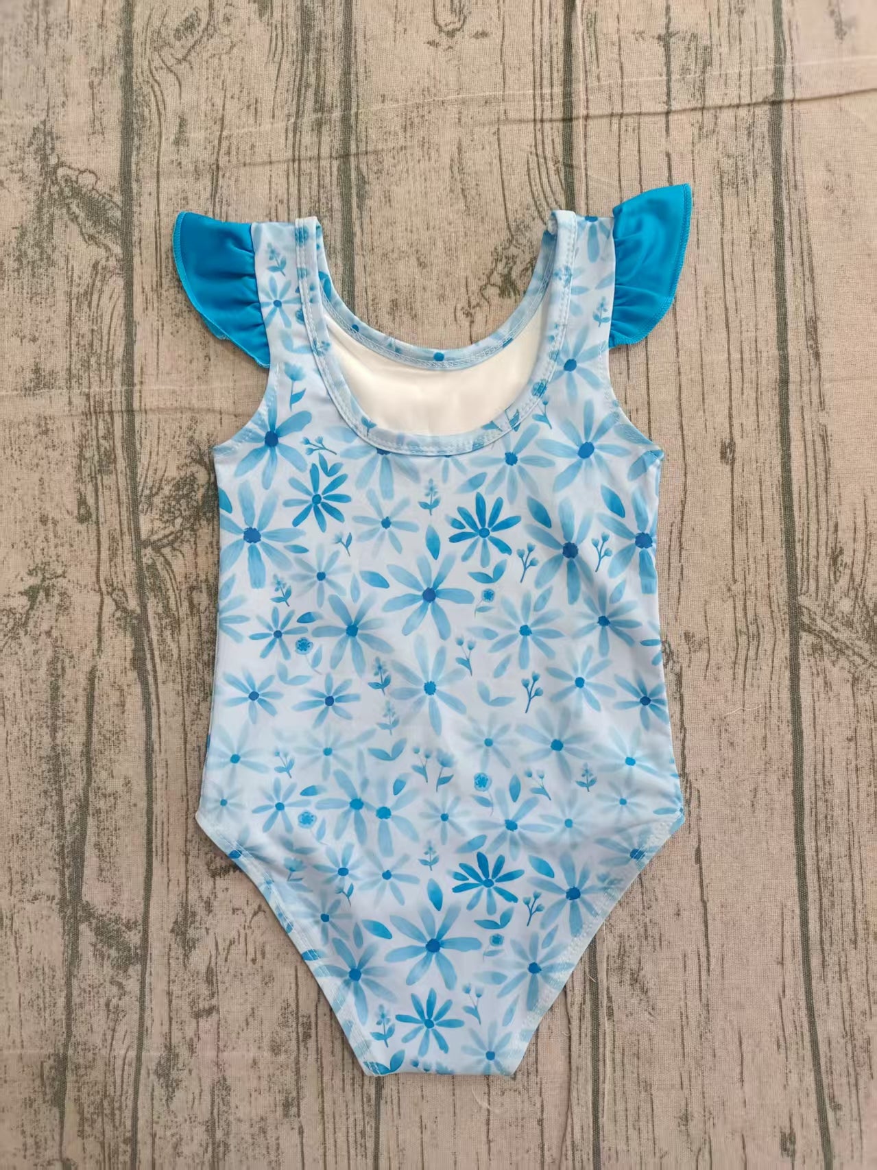 Baby Girls Flutter Sleeve Blue Flowers One Piece Bummies Swimsuits