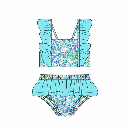 Baby Girls Seaweed Seashell Ruffles 2pcs Swimsuits Preorder