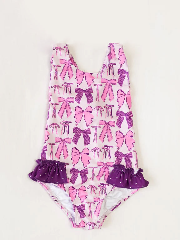 Baby Girls Purple Bows Ruffle One Piece Swimsuits Preorder