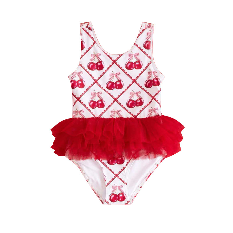 Baby Girls Red Cherry Ruffle Sleeveless One Piece Swimsuits Preorder