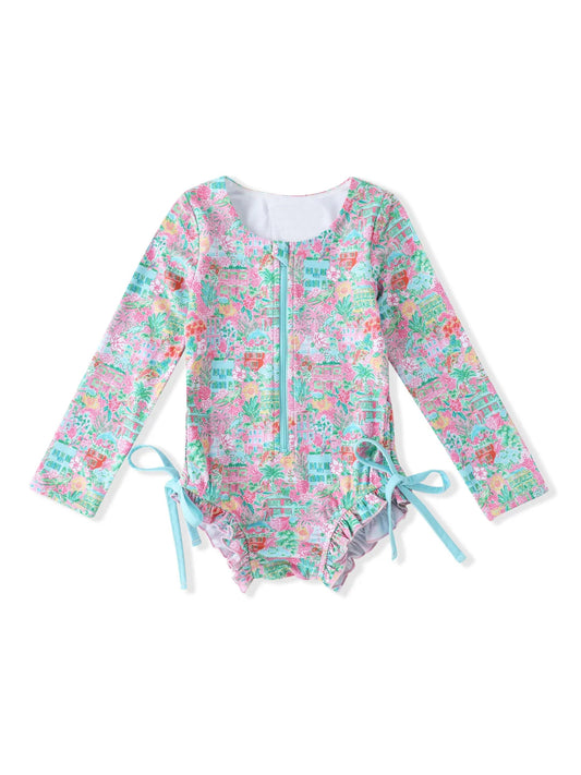 Baby Girls Long Sleeves Watercolor Floral Zipper One Piece Swimsuits Preorder