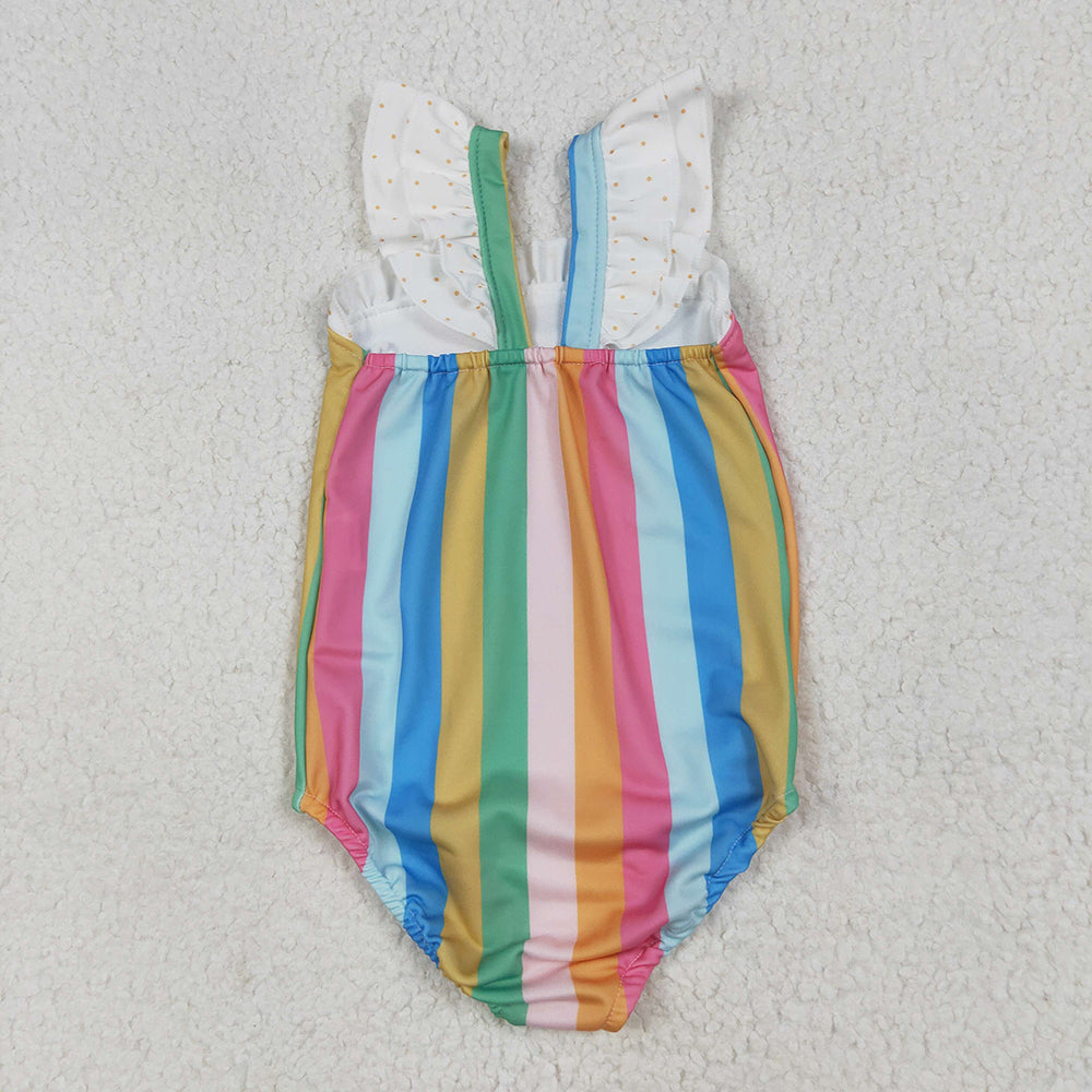 Baby Girls Flutter Sleeves Colorful Stripe One Piece Swimsuits