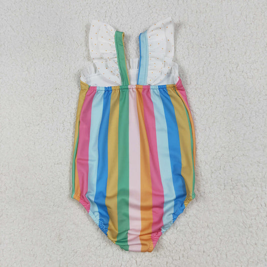 Baby Girls Flutter Sleeves Colorful Stripe One Piece Swimsuits