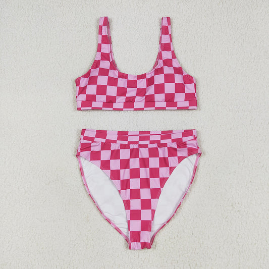 Adult Women Pink Checkered Top Bottom Swimsuits Sets