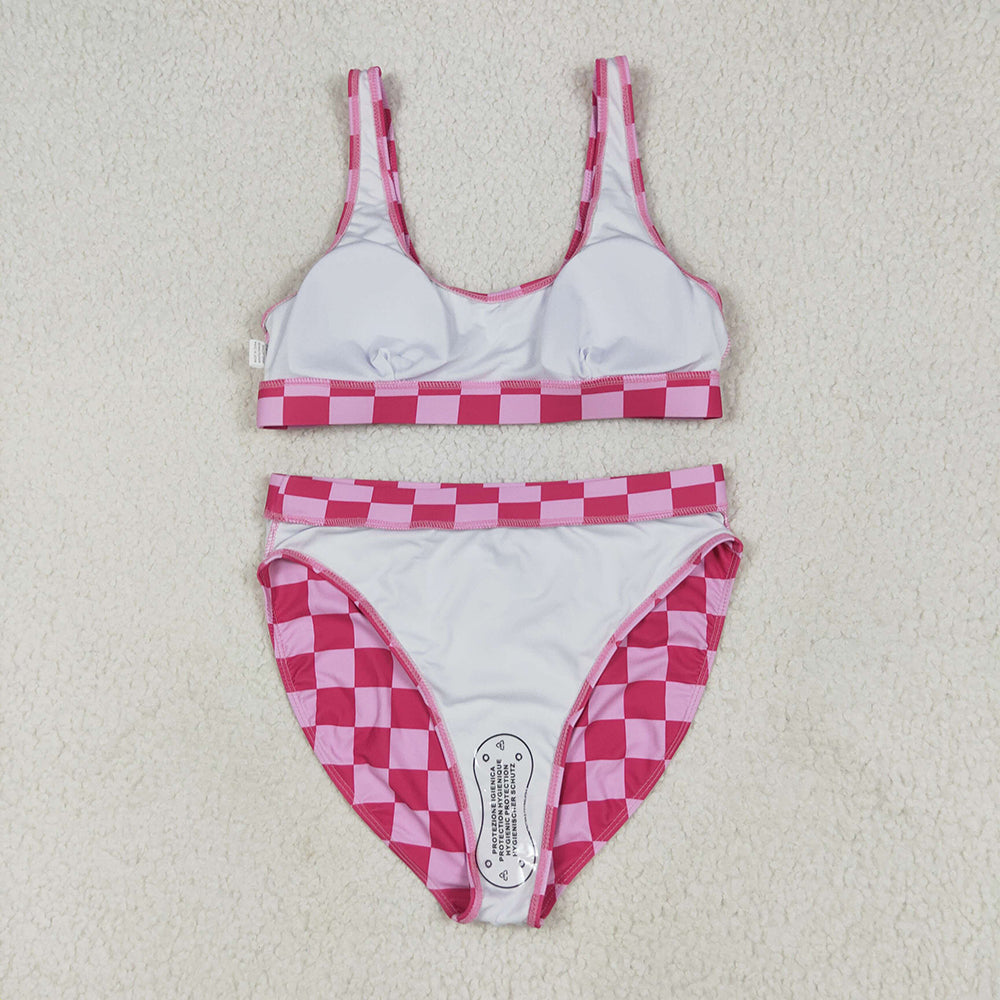 Adult Women Pink Checkered Top Bottom Swimsuits Sets