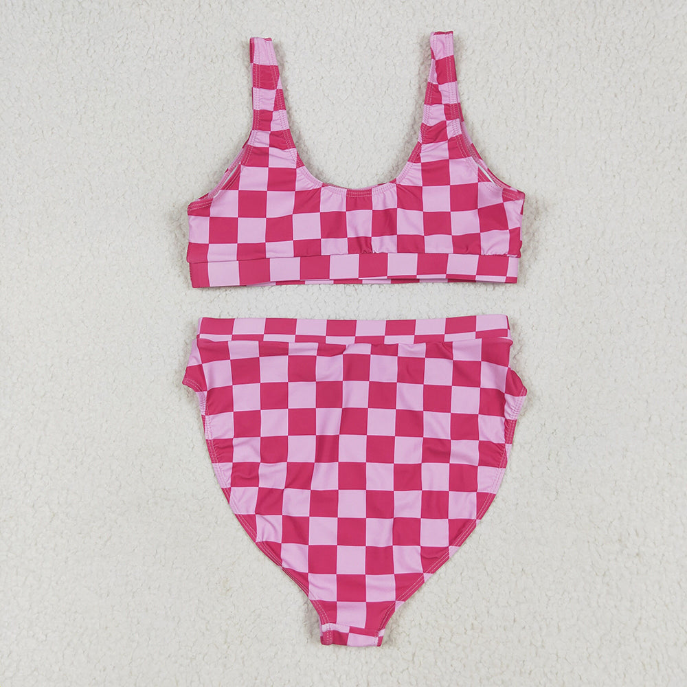 Adult Women Pink Checkered Top Bottom Swimsuits Sets
