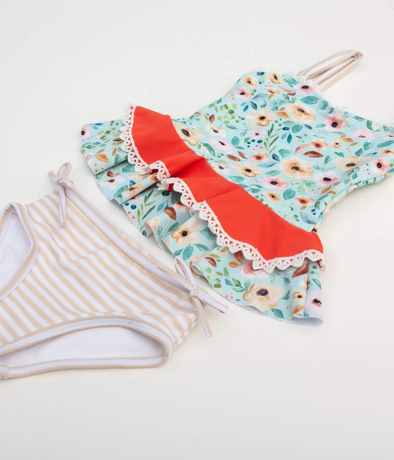 Baby Girls Flowers Ruffle Tunic Bummies Swimming 2 Piece Swimsuits Preorder