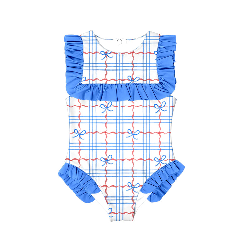 Baby Girls Red Blue Bows Checked July 4th Ruffle Swimsuit Preorder