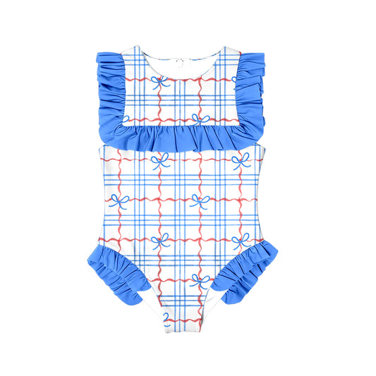 Baby Girls Red Blue Bows Checked July 4th Ruffle Swimsuit Preorder