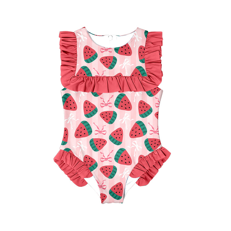 Baby Girls Pink Stripe Watermelons Ruffle Swimsuits Preorder