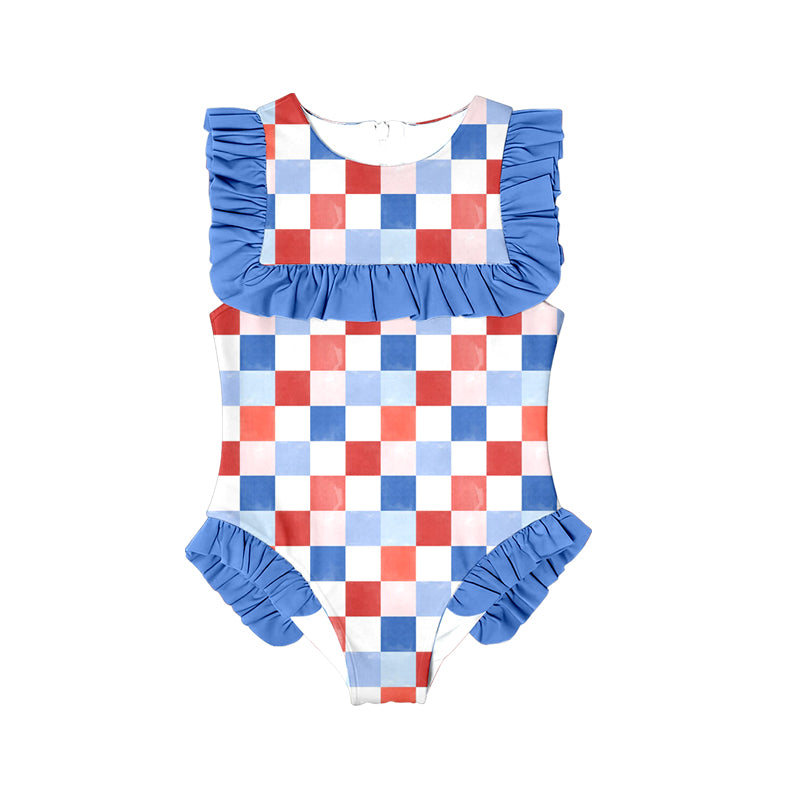 Baby Girls Red Blue Checked July 4th Ruffle Swimsuits Preorder
