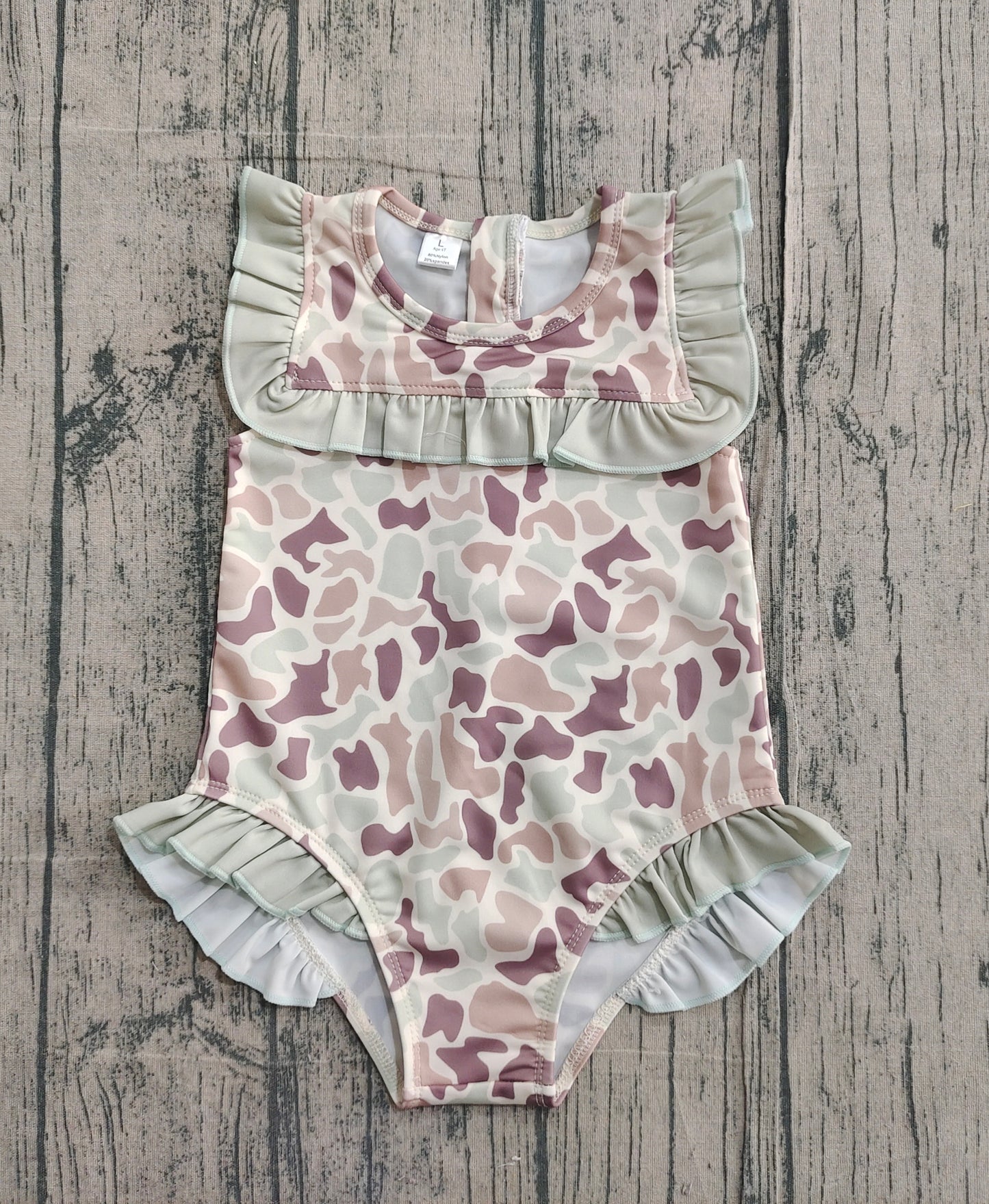 Baby Girls Khaki Camo Ruffle Swimsuits Preorder
