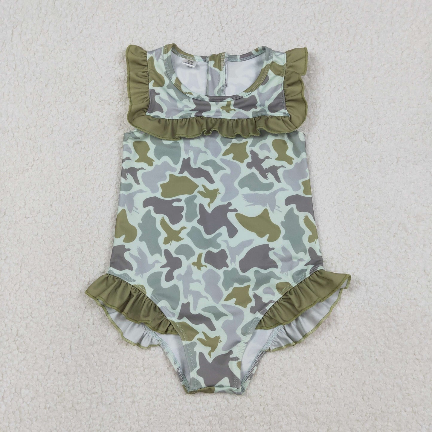 Baby Girls Southern Hunting Green Ducks Camo Ruffle Swimsuits