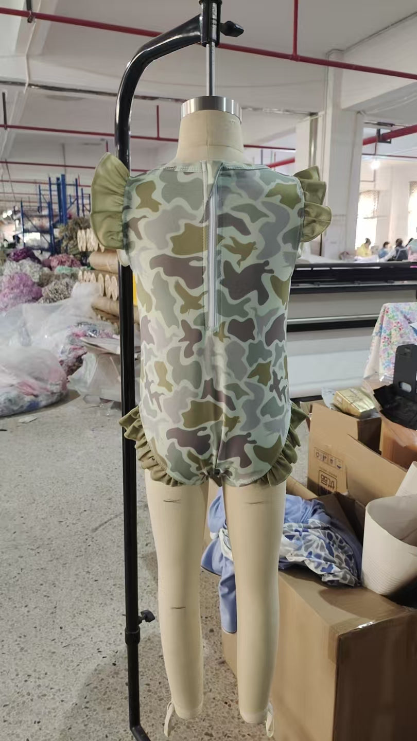 Baby Girls Green Ducks Camo Ruffle Swimsuits Preorder