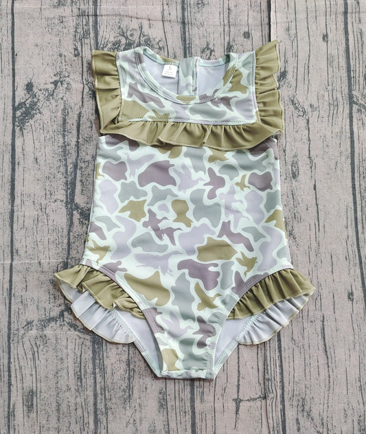Baby Girls Green Ducks Camo Ruffle Swimsuits Preorder