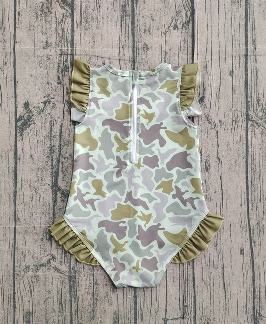 Baby Girls Green Ducks Camo Ruffle Swimsuits Preorder