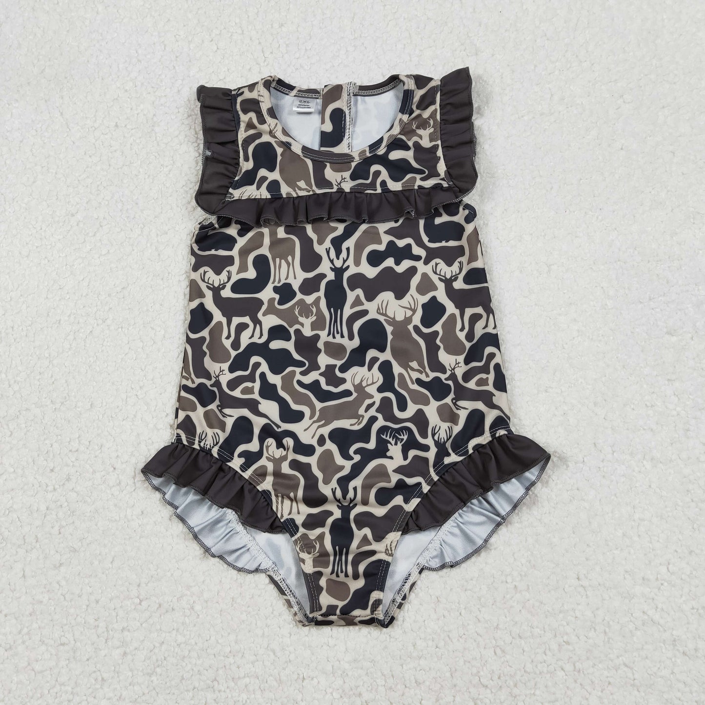 Baby Girls Southern Dark Brown Deer Camo Zipper Ruffle Swimsuits