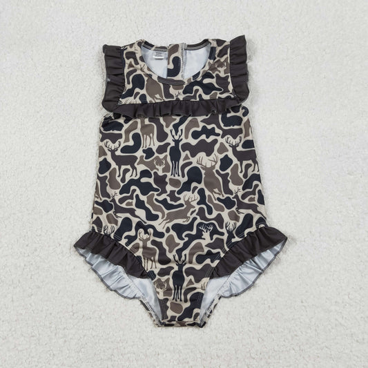 Baby Girls Southern Dark Brown Deer Camo Zipper Ruffle Swimsuits